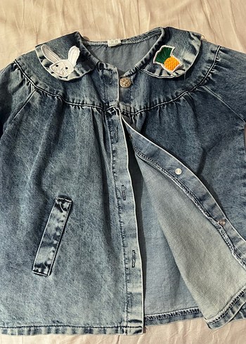 Nakışlı Gri Mavi Denim Kız Ceketi - Görsel 4