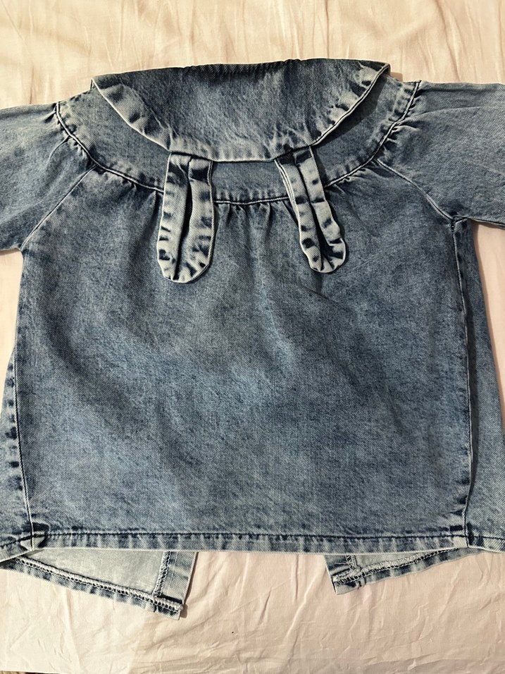 Nakışlı Gri Mavi Denim Kız Ceketi - Görsel 5