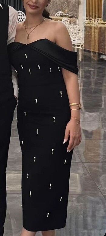 Siyah incili elbise - Görsel 7