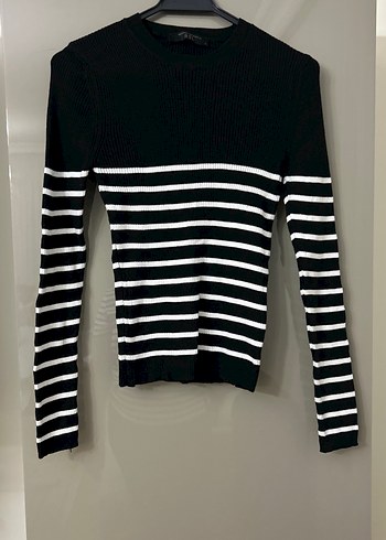 Siyah Beyaz Çizgili Kadın Triko Kazak - Görsel 7