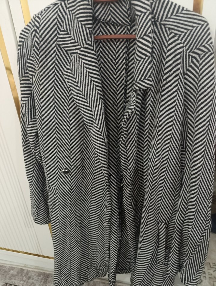 Zebra Desenli Uzun Gri Kadın Palto - Görsel 3