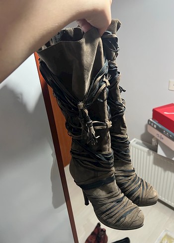 Kahverengi Deri Diz Üstü Stiletto Çizme - Görsel 2