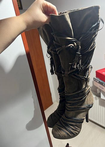 Kahverengi Deri Diz Üstü Stiletto Çizme - Görsel 4