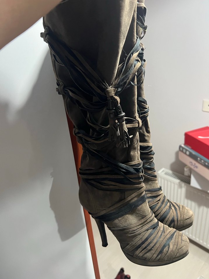 Kahverengi Deri Diz Üstü Stiletto Çizme - Görsel 3