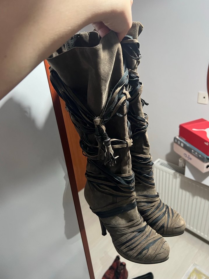 Kahverengi Deri Diz Üstü Stiletto Çizme - Görsel 2