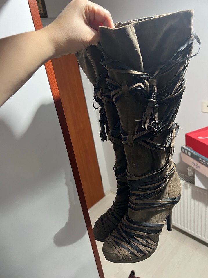 Kahverengi Deri Diz Üstü Stiletto Çizme - Görsel 4