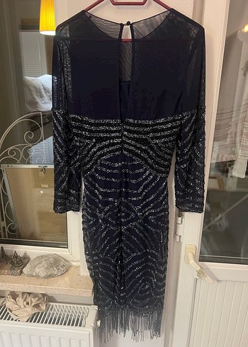 Uzun Siyah Boncuk İşlemeli Kadın Abiye Elbise - Görsel 3