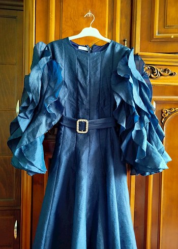 Uzun Kol Detaylı Mavi abiye - Görsel 2