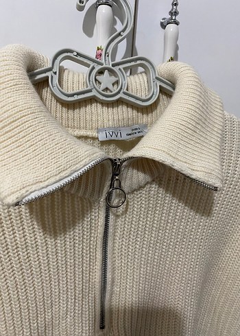 Yarım Fermuarlı Çizgili Bej Kadın Kazak - Görsel 2