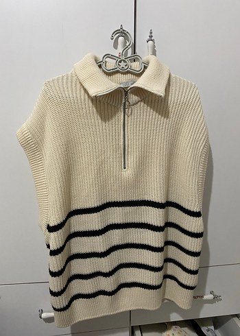 Yarım Fermuarlı Çizgili Bej Kadın Kazak - Görsel 4