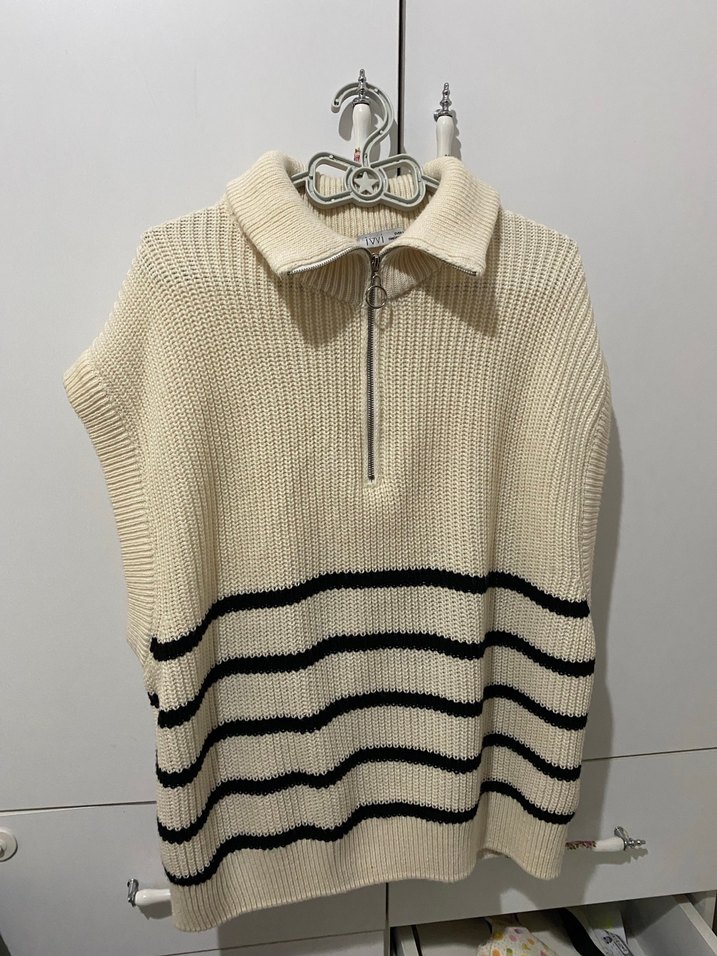 Yarım Fermuarlı Çizgili Bej Kadın Kazak - Görsel 4