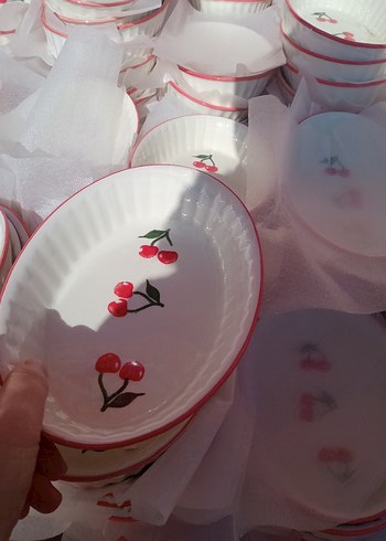 Kiraz desenli beyaz seramik kase - Görsel 8