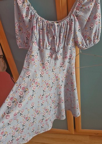 s Beden MAVİ Çiçekli Mini Bohem Elbise