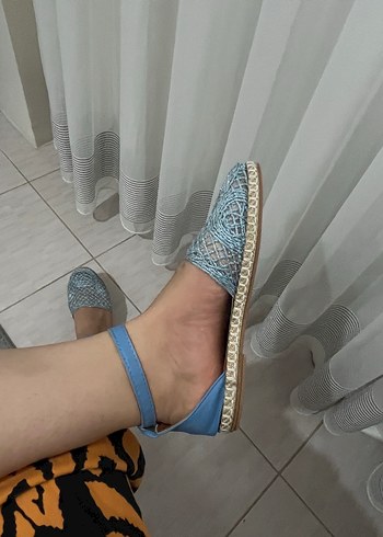 39 Beden mavi Renk Mavi Örgü Detaylı Bohem Dolgu Topuk Sandalet