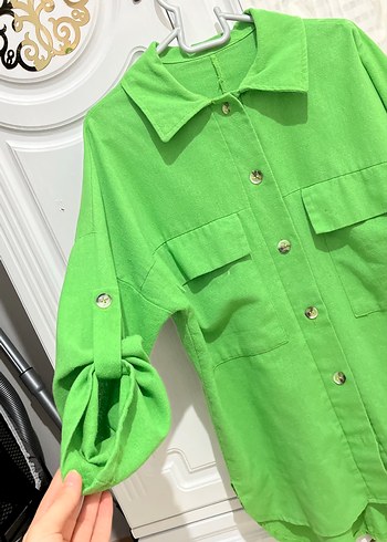 Düğmeli Yeşil Kadın Keten Gömlek - Görsel 3