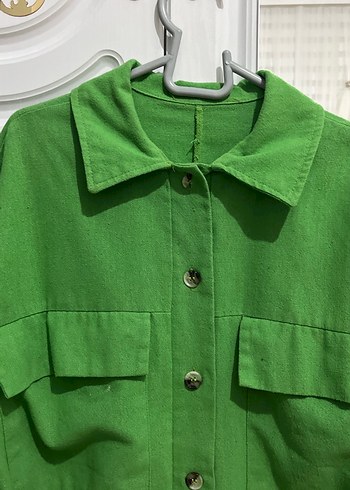 Düğmeli Yeşil Kadın Keten Gömlek - Görsel 2