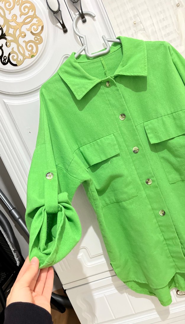 Düğmeli Yeşil Kadın Keten Gömlek - Görsel 3