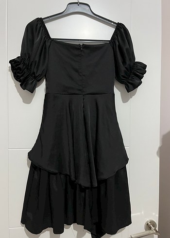 Siyah Fırfırlı saten abiye elbise - Görsel 3
