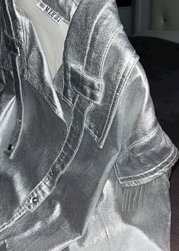 Gri Metalik Düğmeli Kadın Deri Ceket - Görsel 5