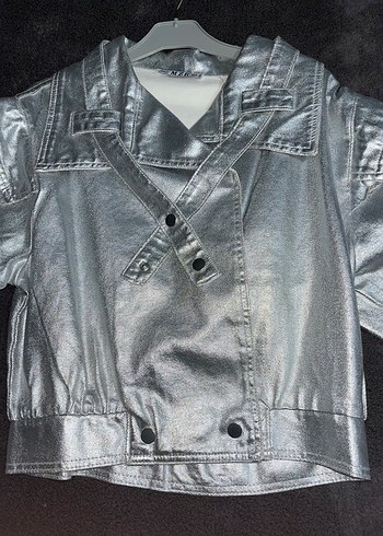 Gri Metalik Düğmeli Kadın Deri Ceket - Görsel 7