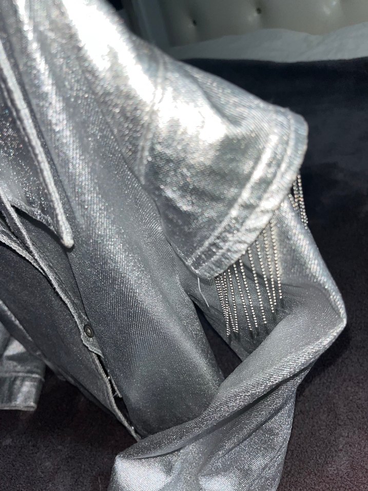 Gri Metalik Düğmeli Kadın Deri Ceket - Görsel 4
