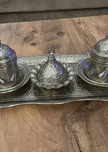 Gri İşlemeli Metal Kahve Fincan Takımı