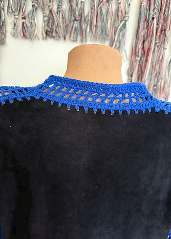 American Vintage Mavi Örgü Derili Hırka