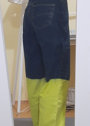 Kadın Sarı Siyah Bağlama Desenli Salaş Midi Denim Pantolon