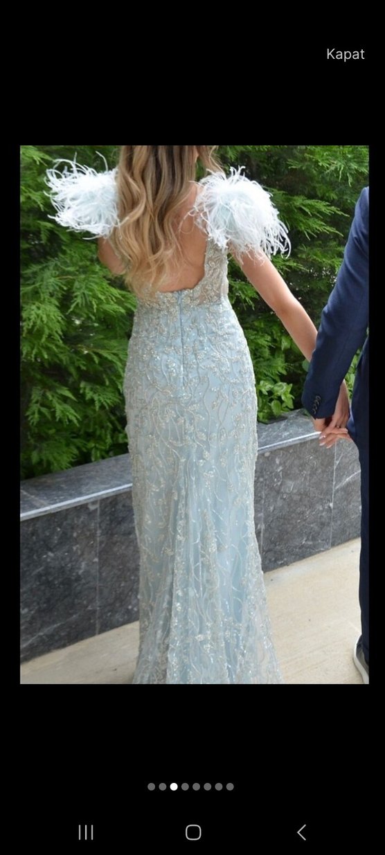 Boncuk İşlemeli Mavi Uzun Abiye Elbise alfabeta - Görsel 2