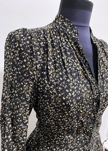 V Yaka Düğmeli Vintage Elbise - Görsel 5