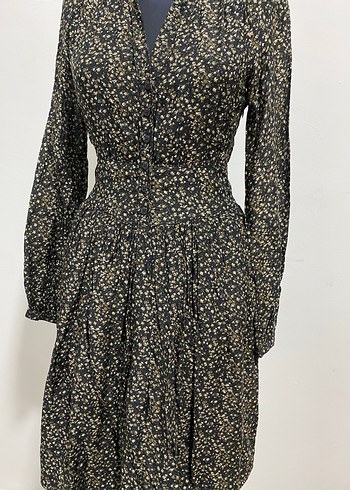 V Yaka Düğmeli Vintage Elbise - Görsel 2