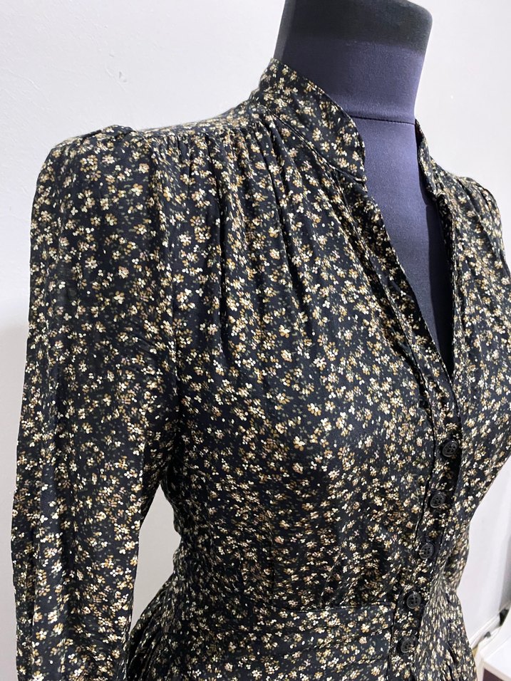 V Yaka Düğmeli Vintage Elbise - Görsel 5