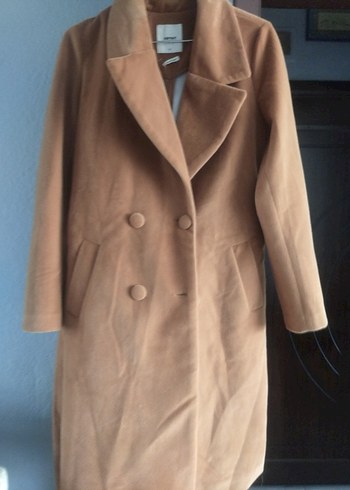 Bej Süet Düğmeli Kadın Uzun Kaban - Görsel 2