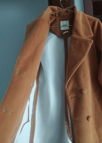 Bej Süet Düğmeli Kadın Uzun Kaban - Görsel 8