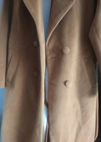 Bej Süet Düğmeli Kadın Uzun Kaban - Görsel 7