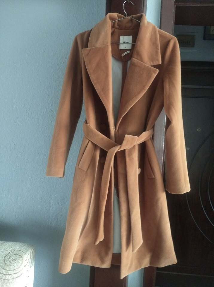 Bej Süet Düğmeli Kadın Uzun Kaban - Görsel 5