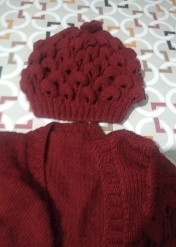 Kız Çocuk Bordo Bohem Örgü Hırka ve Bere - Görsel 2