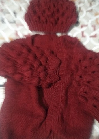 Kız Çocuk Bordo Bohem Örgü Hırka ve Bere - Görsel 3