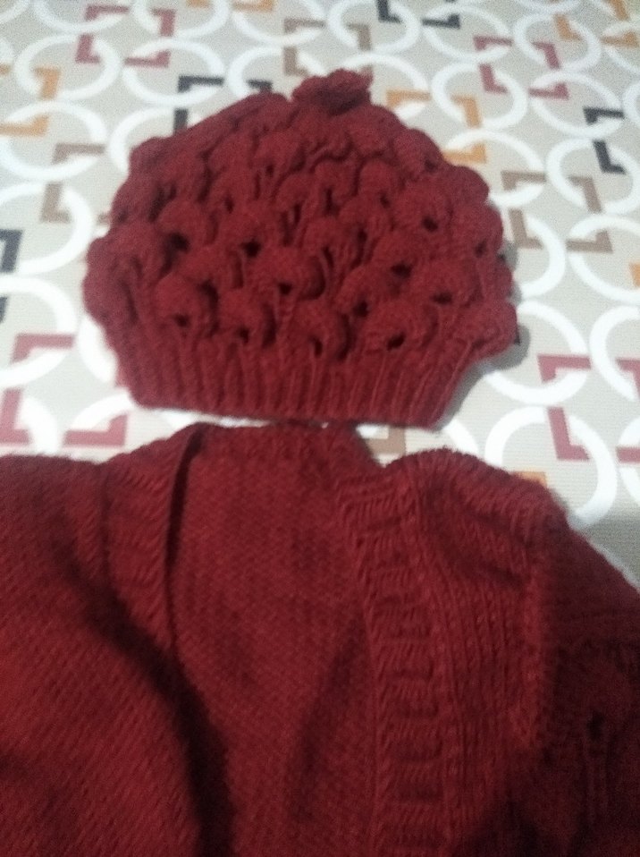 Kız Çocuk Bordo Bohem Örgü Hırka ve Bere - Görsel 2