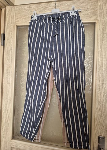 Diğer Bej Çizgili Keten Bol Kesim Kadın Pantolon