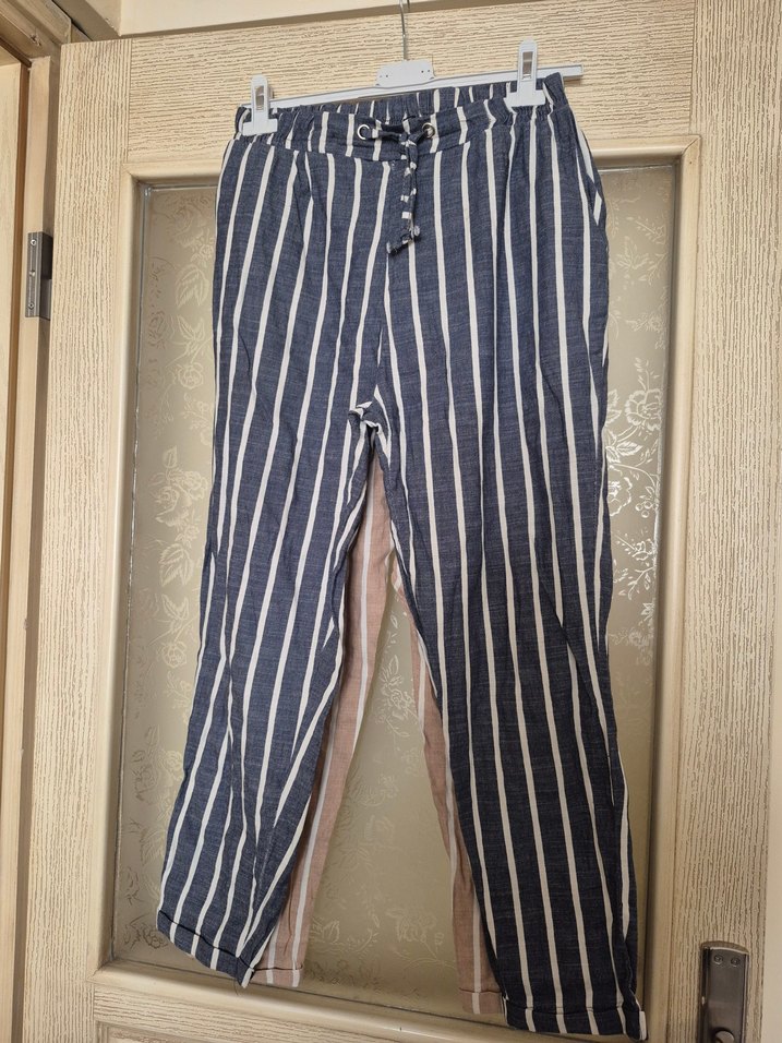 Bej Çizgili Keten Bol Kesim Kadın Pantolon - Görsel 2