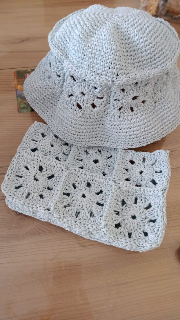 Gri Örgü Bohem Kadın Şapka ve çanta - Görsel 2