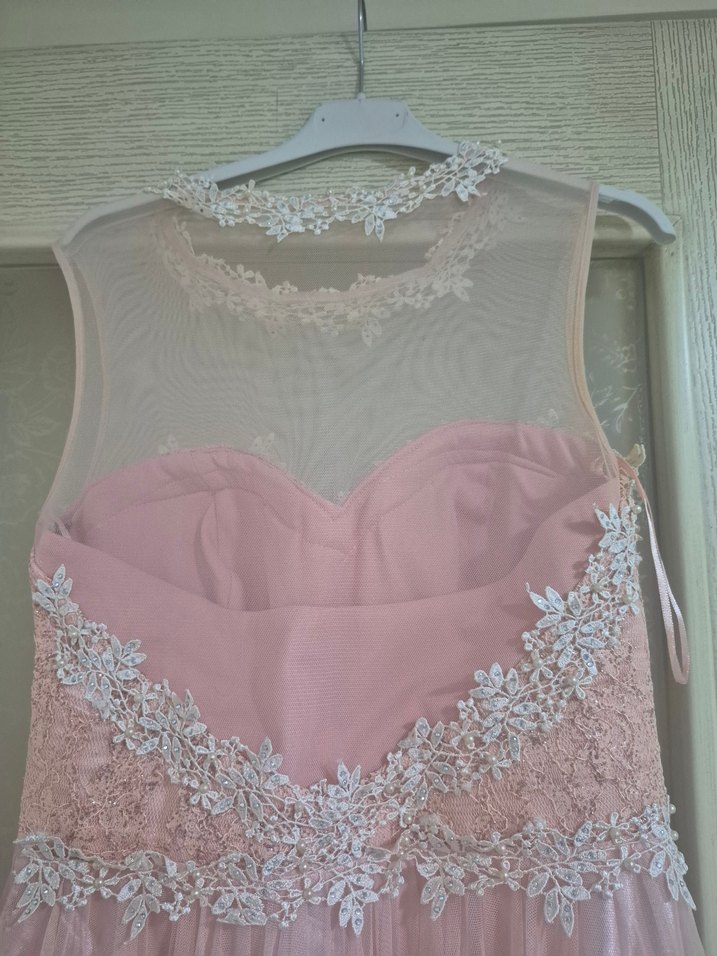 Dantel Detaylı Pembe Uzun Abiye Elbise - Görsel 3