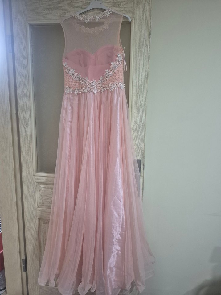 Dantel Detaylı Pembe Uzun Abiye Elbise - Görsel 4