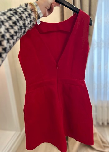 Kırmızı Süet Kemerli Mini Tulum - Görsel 2