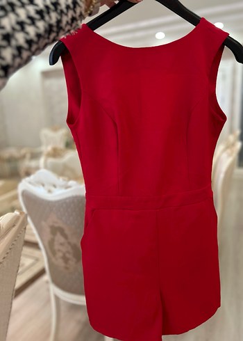 Kırmızı Süet Kemerli Mini Tulum - Görsel 3