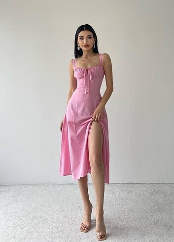 PEMBE POPLİN BAĞCIKLI ELBİSE S beden