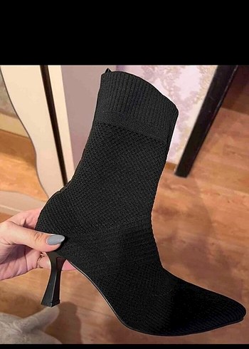 Siyah Örgü İnce Topuklu Kadın Çorap Bot - Görsel 2