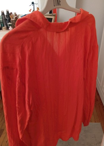 Kırmızı V Yaka Uzun Kollu Keten Gömlek - Görsel 3