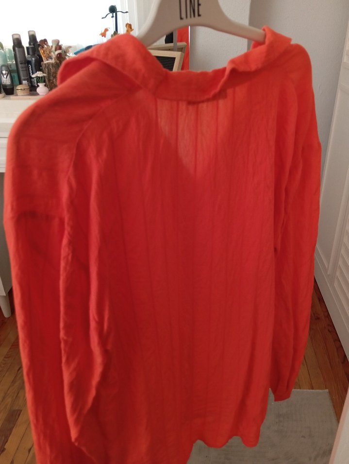 Kırmızı V Yaka Uzun Kollu Keten Gömlek - Görsel 3